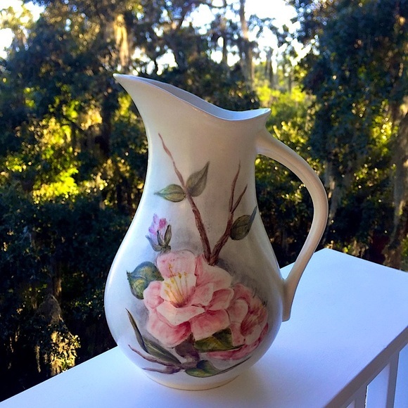 Ceramic Vase Vintage Decor Pink Floral Pitcher - Picture 1 of 5